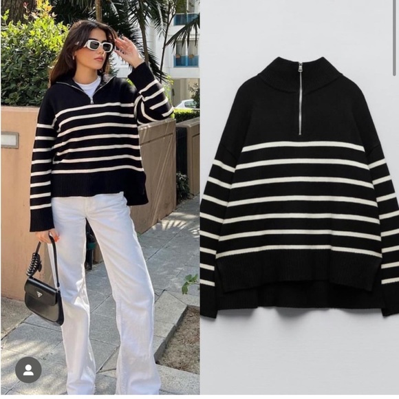 Zara Sweaters Nwot Black And White Striped Zara Quarter Zip Sweater Poshmark